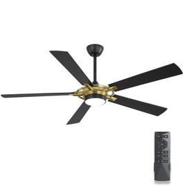 WINGBO 60 Inch DC Ceiling Fan with Lights and Remote, 5 Plywood Blades, 3CCT, Dimmable LED Lights, 6-Speed Reversible DC Motor, Large Ceiling Fan for Kitchen Bedroom Living Room, Brass and Black