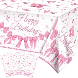 Adirasenotek 3Pcs Pink Bow Table Cloth Party Tablecovers Coquette Birthday Decorations Disposable Plastic Pink Party Decorations for Party Birthday Bridal Baby Shower Pajama Party Supplies,87x51In