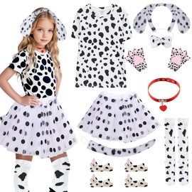 Pack of 12 Dalmatian Costume Children, Animal Costume Children for Girls Dalmatian Ears Short Sleeve Short Skirt Gloves Bow Tie Tail Socks Hair Clip Cosplay Children's Costume Carnival Fancy Dress