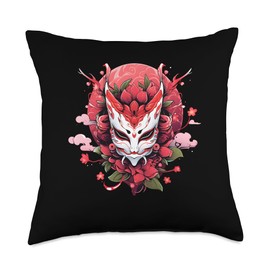 Japanese Anime Mask Floral Culture Illustration Throw Pillow