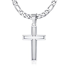 MILACOLATO 925 Sterling Silver Cross Necklace for Men Women, 5mm Durable Stainless Steel Diamond-Cut Figaro Chain with Big Beveled Edge Sterling Silver Cross Pendant, Mens Silver Crucifix Cross Necklaces Jewelry 20 Inches
