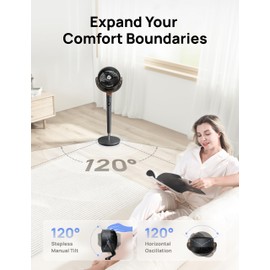 Dreo Fan for Bedroom, 120° Oscillating Standing Fans, Quiet Floor Fan with DC Motor, 100ft Pedestal Fans for Room, 9 Speeds, 4 modes, 20dB, 120° Manual Vertical, 37-42" Adjustable Height, 9H Timer