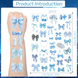 Yoyuspy Blue Bow Temporary Tattoos - 200+ Blue Coquete Birthday Decorations Bow Themed Party Favors Ribbon Tattoo Stickers Gifts Wedding Birthday Bridal Shower Supplies Prizes Rewards for Girl Women