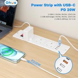 Recessed Power Strip USB C 20W with Switch, Ohuo 3 Way Recessed Desk Power Socket with 3 USB and USB C, White