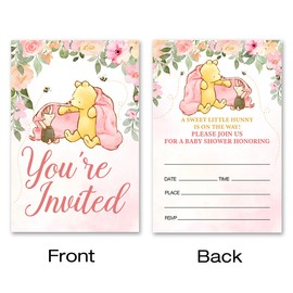 pertnate Pooh Bear Baby Girl Baby Shower Invitations Pink (20 Count with Envelopes)