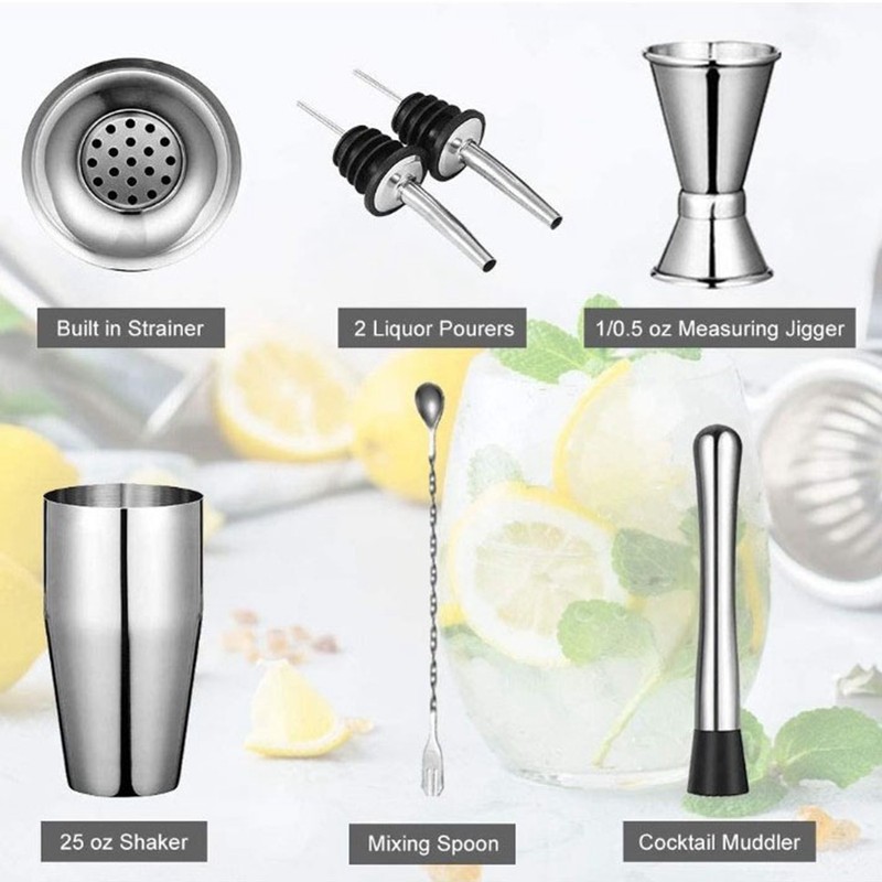 6Pcs Bartender Kit Stainless Steel Cocktail Shaker Mixing Stick Bar