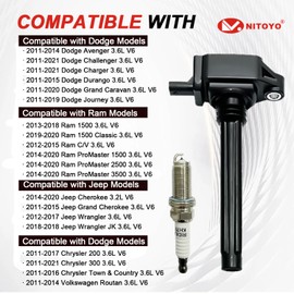 NITOYO UF648 Ignition Coil Pack and Iridium Spark Plugs Compatible with Chrysler 200 300 Town & Country, Dodge Avenger Challenger Charger Journey, Jeep Wrangler Cherokee, Ram 1500, 3.6L V6