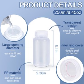 ASEVAT 2 Pcs Plastic Reagent Bottle, Laboratory Grade Polypropylene Wide Mouth with Screw Cap, Plastic Sample Bottles for Classrooms or Storage at Home (clear, 8.4oz)