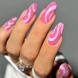 Press on Nails Medium Length Almond Pink Swirl False Nails With Glitter Designs Fake Nails Full Cover Glue on Nails Reusable Acrylic Artificial Nails Stick on Nails Set for Women Supplies 24Pcs