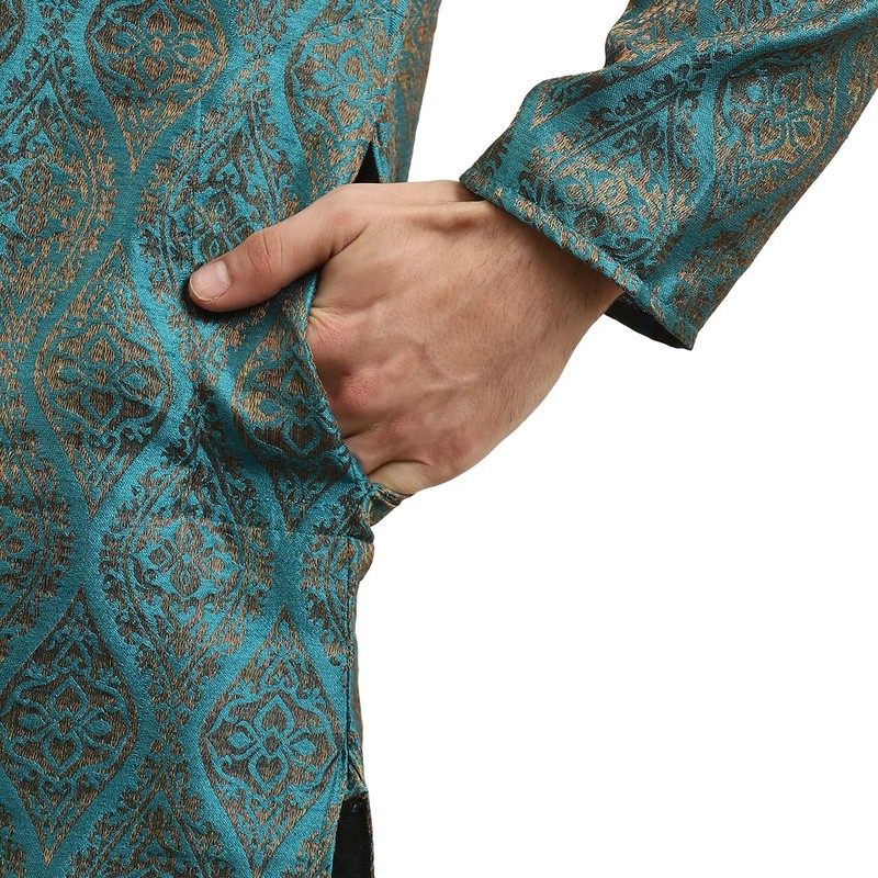 Sojanya (Since 1958, Jacquard Silk Kurta para hombre, Azul verde