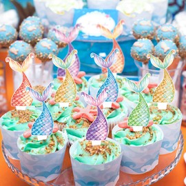 Cyodoos 25Pcs Mermaid Tails Cupcake Toppers Mermaid Tail for Mermaid Party Decoration Baby Shower Party Supplies （two-sided）