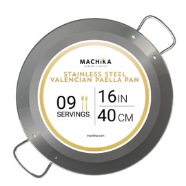 Machika Paella Pan, Induction Stainless Steel Pan, Authentic Spanish Paellera with Gold Handles, Superior Heat Distribution, Flat Surface, 16 Inches, 9 Servings Made By Garcima