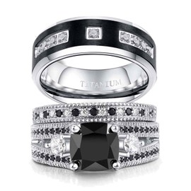 ringheart Couple Rings Matching Ring Black 1CT CZ White Gold Plated Women Wedding Ring Sets for Him and Her Rings