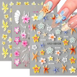 Floral Nail Art Stickers 3 Sheets 5D Embossed Self-Adhesive Nail Decals Flower Starfish Plumeria Hibiscus Designs Nail Decorations Summer DIY Manicure Supplies for Women Girls