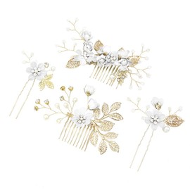STOBOK Set of 4 gold wedding hair combs, pearl, flower, bridal hair accessories, rhinestone bridal jewellery, comb, hair clip for the bride, bridesmaid - purple flower