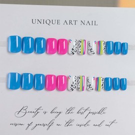 24Pcs Summer Press On Nails Short Square Fake Nails Colorful Line With Leopard Print Design Pink False Nails Blue Glue On Nails Full Cover Artificial Acrylic Stick On Nail For Women