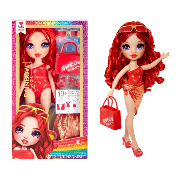 Rainbow High Swim & Style - Ruby (Red) - 28 cm Doll with Shimmery Wrap to Style 10+ Ways - Removable Swimsuit, Sandals, Fun Play Accessories - Kids Toy - Great for Ages 4-12 Years