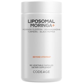 Codeage Liposomal Moringa+ Supplement, 400mg Moringa 50:1 Extract - 20,000mg Moringa Oleifera Leaf Equivalent - Turmeric, Ashwagandha, Black Pepper, 3-Month Supply, Vegan Moringa Powder - 180 Capsules