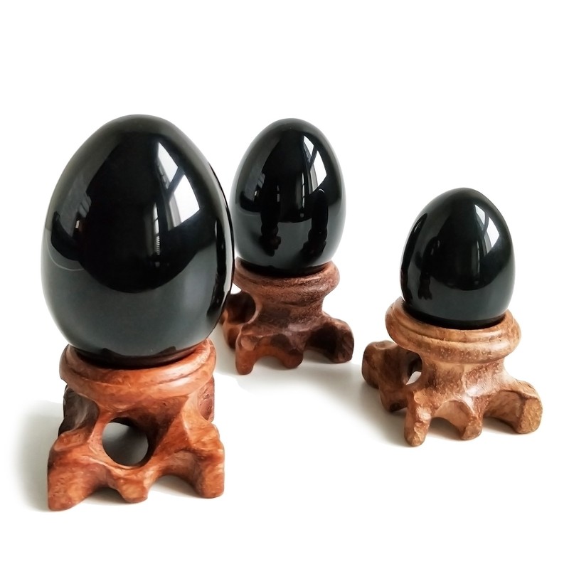Black Obsidian Gemstone Egg Sphere with Wooden Stand for Healing