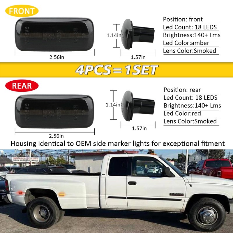 Bestview LED Dually Side Marker Lights for 2010-2018 Dodge Ram