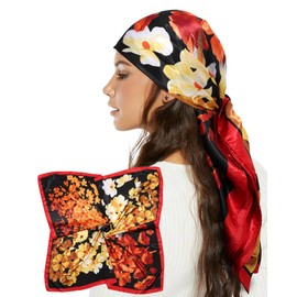 AWAYTR 35” Satin Head Scarf for Women Like Silk Scarf Hair Bandanas Women Large Square Neck Scarf Headscarf Head Wrap (Black)