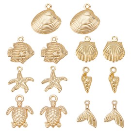 PH PandaHall 14K Gold Plated Ocean Theme Charms, 14pcs 7 Styles Sea Life Charms Gold Shell Fish Starfish Tortoise Charm Pendant Summer Beach Charms for Necklace Bracelet Jewelry Making