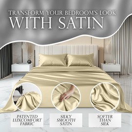 DECOLURE Satin Sheets Twin Size Set 3 Pcs - Silky & Luxuriously Soft Satin Bed Sheets w/ 15inch Deep Pocket - Similar to Silk Sheets - Double Stitching, Wrinkle Free (Champagne)