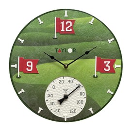 Taylor Tee Time Poly Resin Indoor and Outdoor Clock and Thermometer, Home Decor for Garden, Patio, Pool, and Indoor Areas, 14-inch, Green