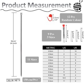 22PCS 14inch Knitting Needles, yeestone 2mm(B)-8mm(L) Stainless Steel Sweater Needles Set for Beginners,with Locking Stitch Makers,Large-Eye Blunt Needles Measure Tape,Needle Bags