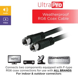 UltraPro Weatherproof RG6 Coaxial Cable 100ft. Black, Burial Grade Coax, F-Type Connectors, Input Output, Ideal for TV Antenna, Satellite, DVR VCR, Cable Box, Home Theater, 52156