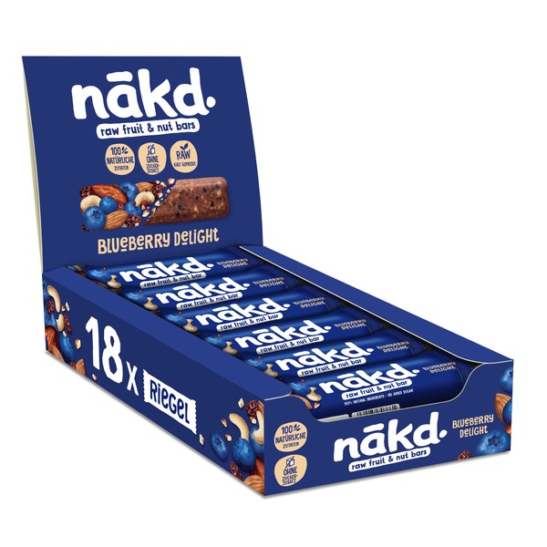 Nākd. Blueberry Delight Cold Pressed Bars Made of Fruit & Nuts, 100% Natural Ingredients, No Added Sugar, Vegan, Gluten Free & Without Milk, 18 x 35 g, 630 g