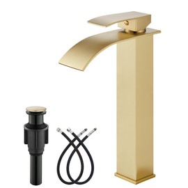 gotonovo Waterfall Tall Bathroom Faucet Single Handle Bathroom Faucets for Sink 1 Hole Stainless Steel Vessel Sink Faucet Modern Mixer Tap Wash Basin Faucet with Pop Up Drain, Brushed Gold