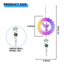 Feelorna Hummingbird Wind Spinner with Tail Spinner, 3D Gradient Color Garden Spinner with Ball Spiral Tail Metal Hanging Wind Chime for Indoor Outdoor Garden Decor Crafts Ornaments (Colorful Bird)