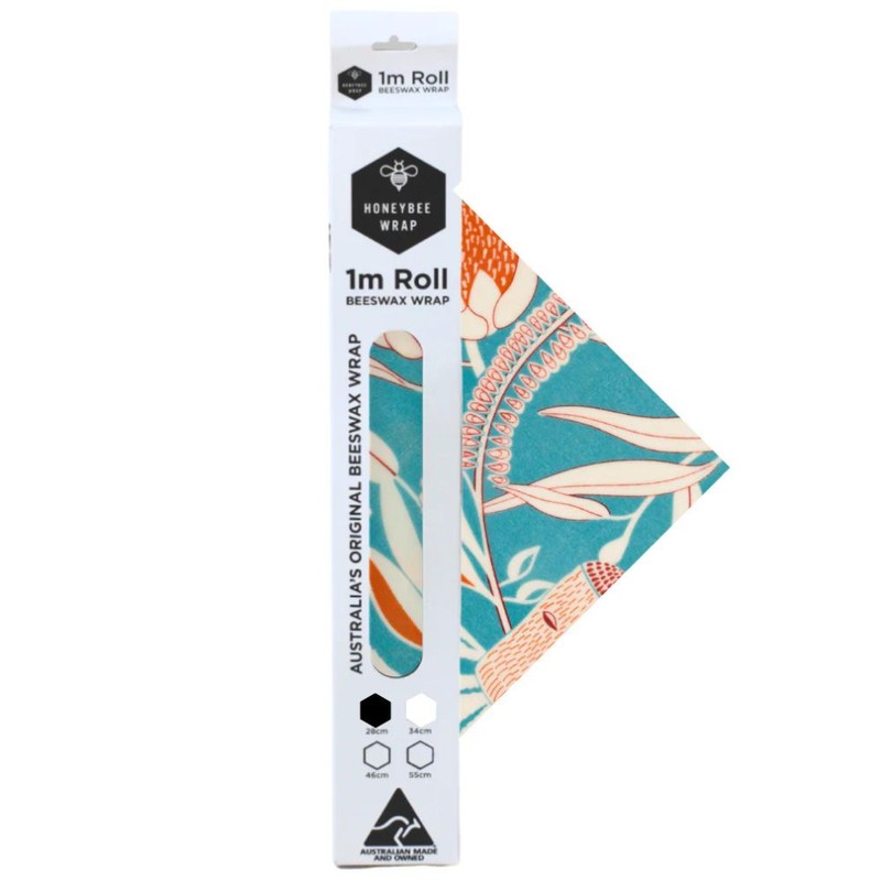 Honeybee Beeswax Wrap Roll (28cm x 100cm), Blue Leaf