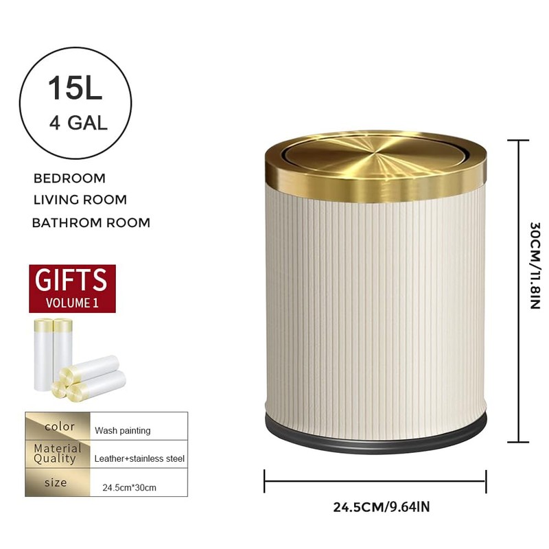 LEASYLIFE 15L/4Gal White Gold Bathroom Trash Can,Bathroom Garbage can with
