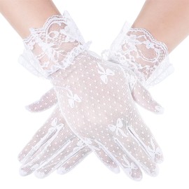 Women's Lace Gloves for Tea Party White Lace Women Wedding Tea Party Gloves for Bride Transparent Tulle Bow Short White Dress Mitten Flower Floral Tulle Evening Elegant Bridal Accessories for Dinner