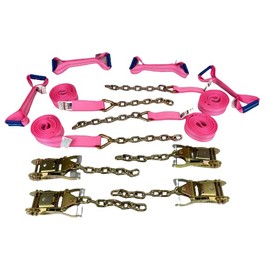 Everything Tie Down 8 Point Heavy Duty Pink DiamondWeave™ 18 Foot Strap Kit for Rollback/Flatbed Tie Downs with 12 inch Chain Tail