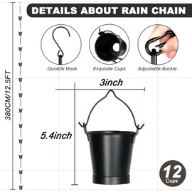 Invech 12.5FT Adjustable Rain Chains for Gutters, Outside Rain Chains with 12 Cups, Bucket Shape Rain Catcher Chain for Eaves Drainage, Replacement for Downpout