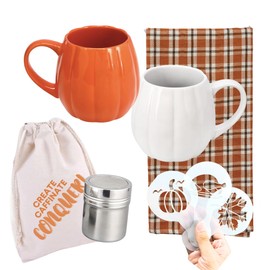 UP ARROW Fall Coffee Gift Set with Orange Pumpkin Mugs Burnt Orange Towels Coffee Latte Art Stencils Sugar|Cinnamon Shaker, Drawstring Bag Autumn Essentials