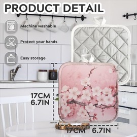 BaHomeck Pot Holder 4 Pcs,Pink Plum Flowers Cotton Square Heat Resistant Hotpads Non Slip Dirt-Proof Hot Heating Pads for Kitchen Cooking Oven with Hanging Loop Potholder Machine Wash,6.7X6.7Inch