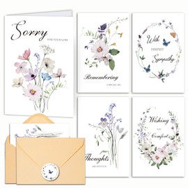 C2U 20 Pack Sympathy Cards with Envelopes & Stickers – Elegant Floral Condolence Cards for Funeral, Bereavement & Grief Support – Thinking of You Cards with Pre-Printed Messages & Space to Write – 5 Unique Designs