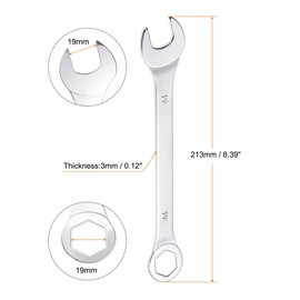 uxcell Thin Combination Wrench with Offset 6-Point End and Angled Open End, Metric Mirror-Chrome Plated High Carbon Steel, for Household Repairs, 19mm, 2 Pcs
