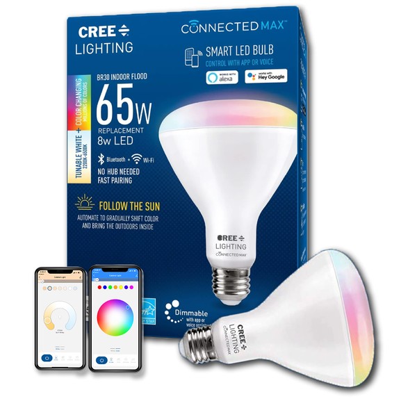 Cree Lighting Connected Max Smart Led Bulb Br30 Indoor Flood Tunable White + Color Changing, 2.4 Ghz, Works With Alexa And Google Home, No Hub Required, Bluetooth + Wifi, 1Pk