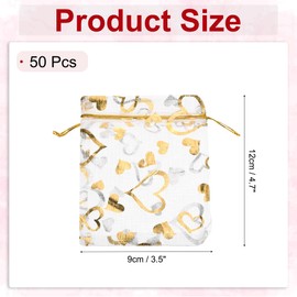 QUARKZMAN 50 Stück Organzasäckchen, 9x12cm Geschenksäckchen Schmuckbeutel Herz-Muster Mesh Säckchen mit Zugband, Organzabeutel für Hochzeit Party Weihnachten Süßigkeiten, Weißgold