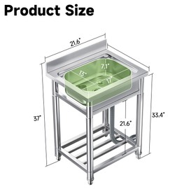Stainless Steel Utility Sink, Free Standing Single Bowl Kitchen Sink, Portable Laundry Sink with Storage for Indoor & Outdoor