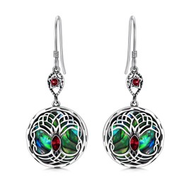Celtic Tree of Life Earrings Sterling Silver Family Tree Dangle Drop Earrings with Birthstone Crystals, Birthday Jewellery Gifts for Women Her (Red)