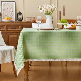 Fantastshop Checkered Tablecloth Rectangle - Cotton Linen Fabric Plaid Buffalo Table Cloth with Lace Trim - Wrinkle Free Washable Gingham Table Cover for Dinning Camping, Green Plaid, 60 x 120 Inch.