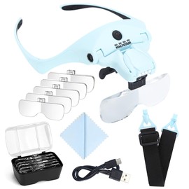 YOCTOSUN Magnifying Glasses with Light for Close Work, Head Magnifier with 4 LED Lights and 5 Detachable Lenses 1X to 3.5X,Rechargeable Hands Free Headband Magnifier Glasses for Crafts, Hobby