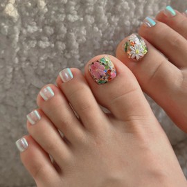 MISUD Chrome Press on Toenails Glossy Fake Toe Nails Glue on Nails Pearl Flash Acrylic Toe Fake Nails Supplies Flower False Toenails Art with Design Full Cover Press-on Toe Nails DIY 24pcs