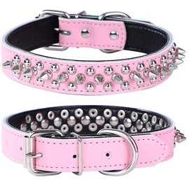 haoyueer Spiked Studded Dog Collar, Genuine Leather Dog Collar, Adjustable Pet Collars for Medium Large Bulldog Pitbull Mastiff Poodle Boxer (S, Pink-2)